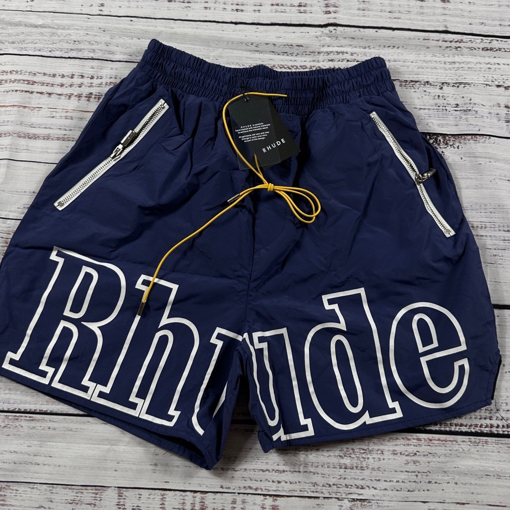 NWT Rhude Blue Athletic / Swimming Shorts White Logo outline size Large